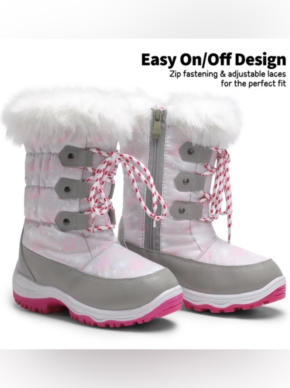 Girls DREAM PAIRS Nordic Snow Boots Gray/Pink Faux Fur Lace-Up Zip US 9 NIB